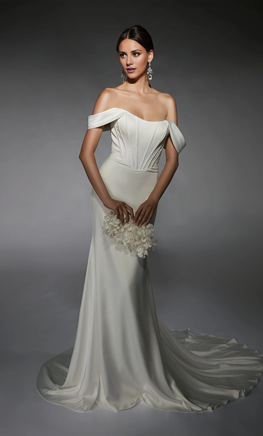 Perfect satin off shoulder slim fit trumpet shaped backless tight corset wedding dress