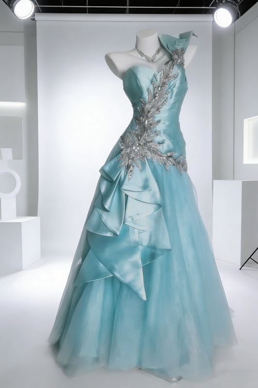 Blue One-Shoulder Beaded Gown Layered Tulle Prom Dress gh7004
