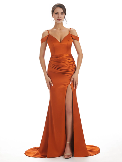 Sexy off shoulder soft satin side slit long fish tail bridesmaid dress
