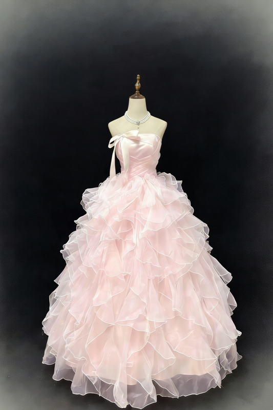 Light Pink Bow Strapless Ball Gown - Dress for Quinceañera & Coming-of-Age Party gh6949
