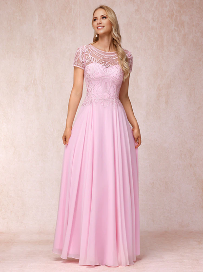 A-line/princess transparent collar short sleeved long with decal mother of the bride dress