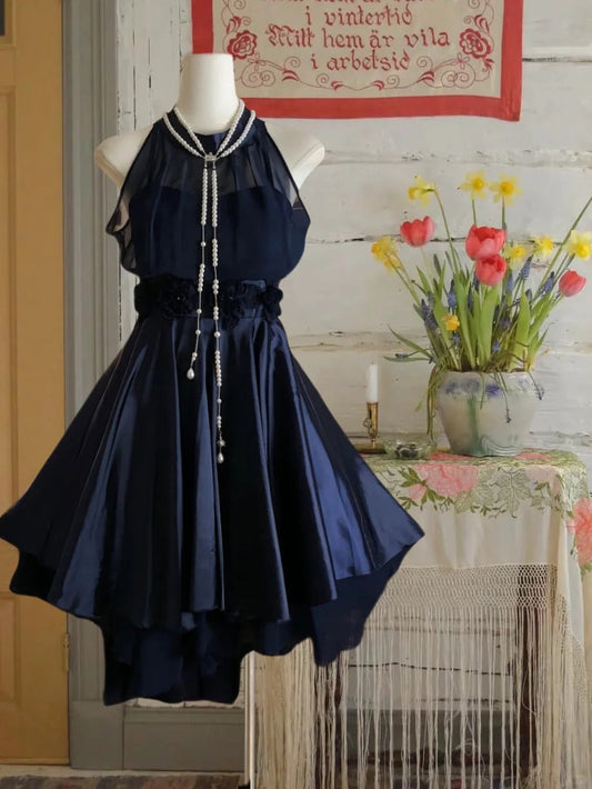 girlhomeshops--Navy blue satin retro halter neck elegant satin simple homecoming dress gh5699
