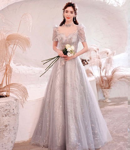 Gray tulle sequins long ball gown dress formal dress  10322