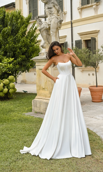 Perfect satin strapless A-line backless tight corset wedding dresses