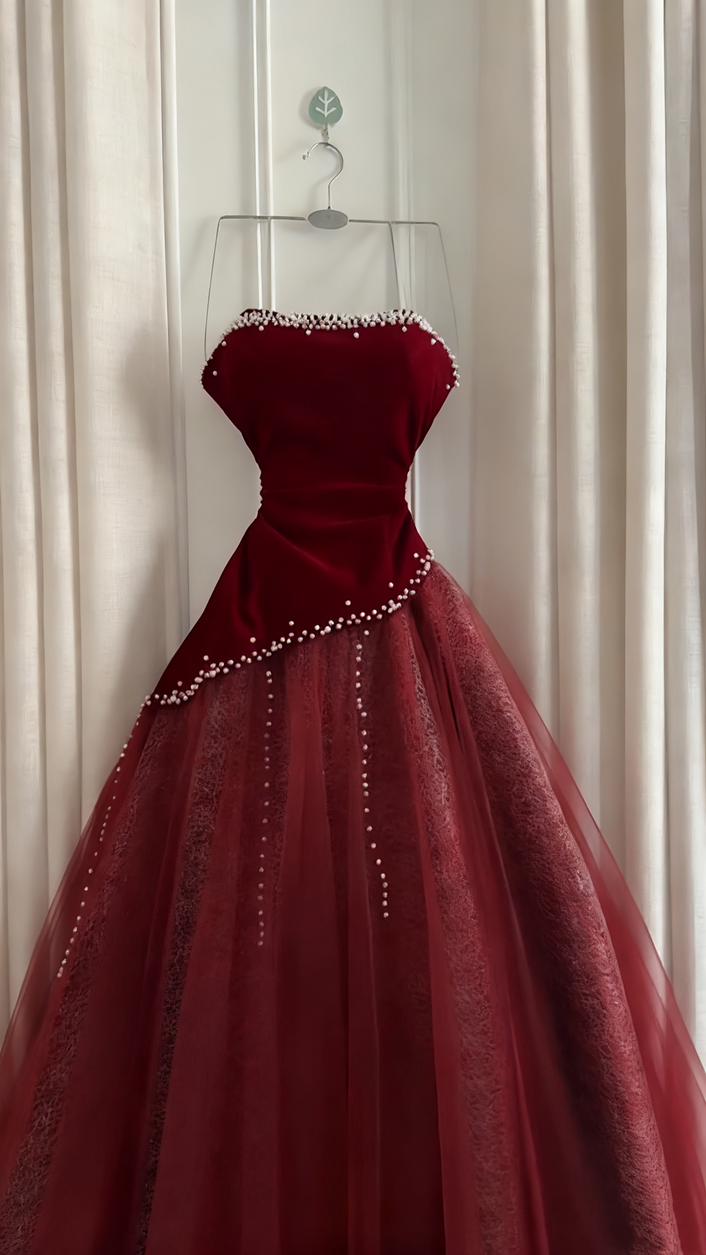 Sleeveless Burgundy Velvet & Tulle Gown | Luxury Elegant Pearl Trim Train Dress for Gala Ball gh6471