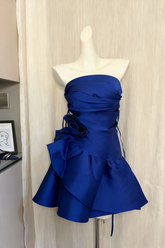 Royal Blue Strapless Mini Dress with 3D Floral Detail Ruffle Hem, Cocktail Party Gown gh7109