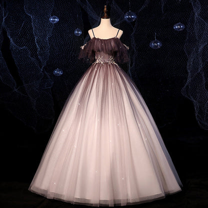 Brown Delicate Floral Applique Fashion A-Line Long Tulle Ball Gown Evening Dress 8721