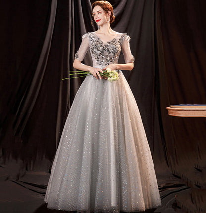 Gray tulle sequins long ball gown dress formal dress  10147
