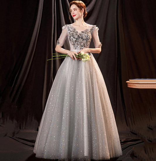 Gray tulle sequins long ball gown dress formal dress  10147