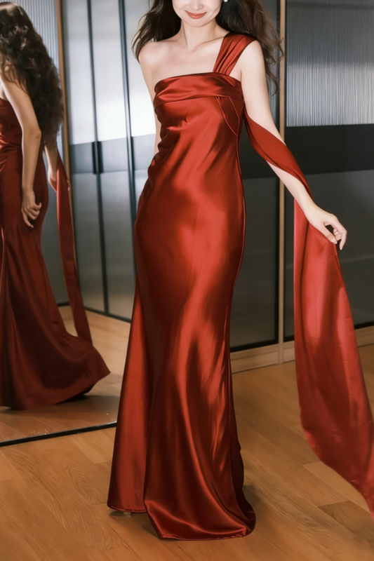 Satin One-Shoulder Gown with Sash - Slim Fit Mermaid Evening Dress gh6946