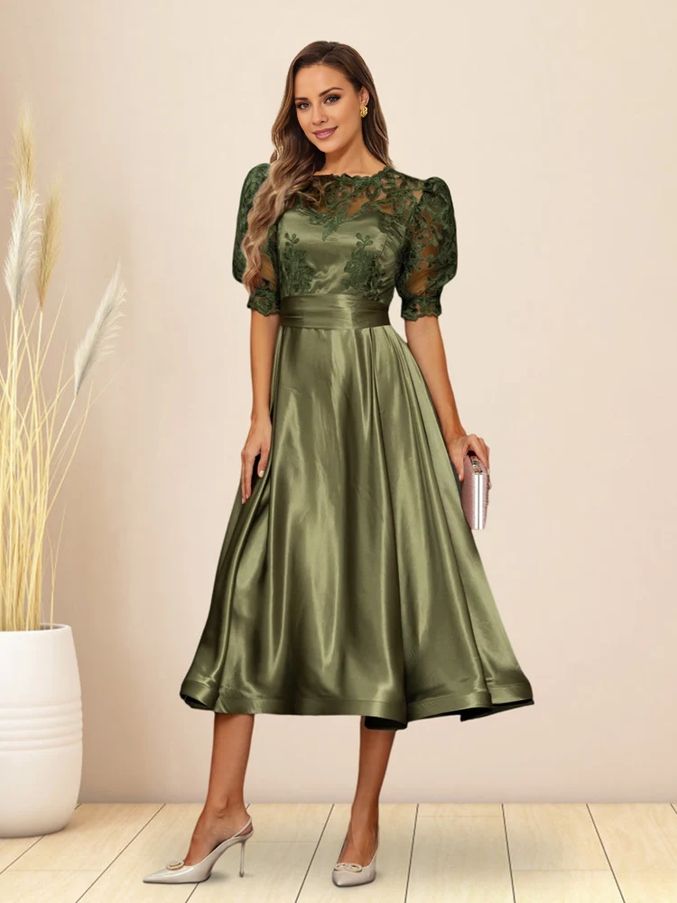 A-line/Princess V-neck fluffy sleeves tea long mother of the bride dress
