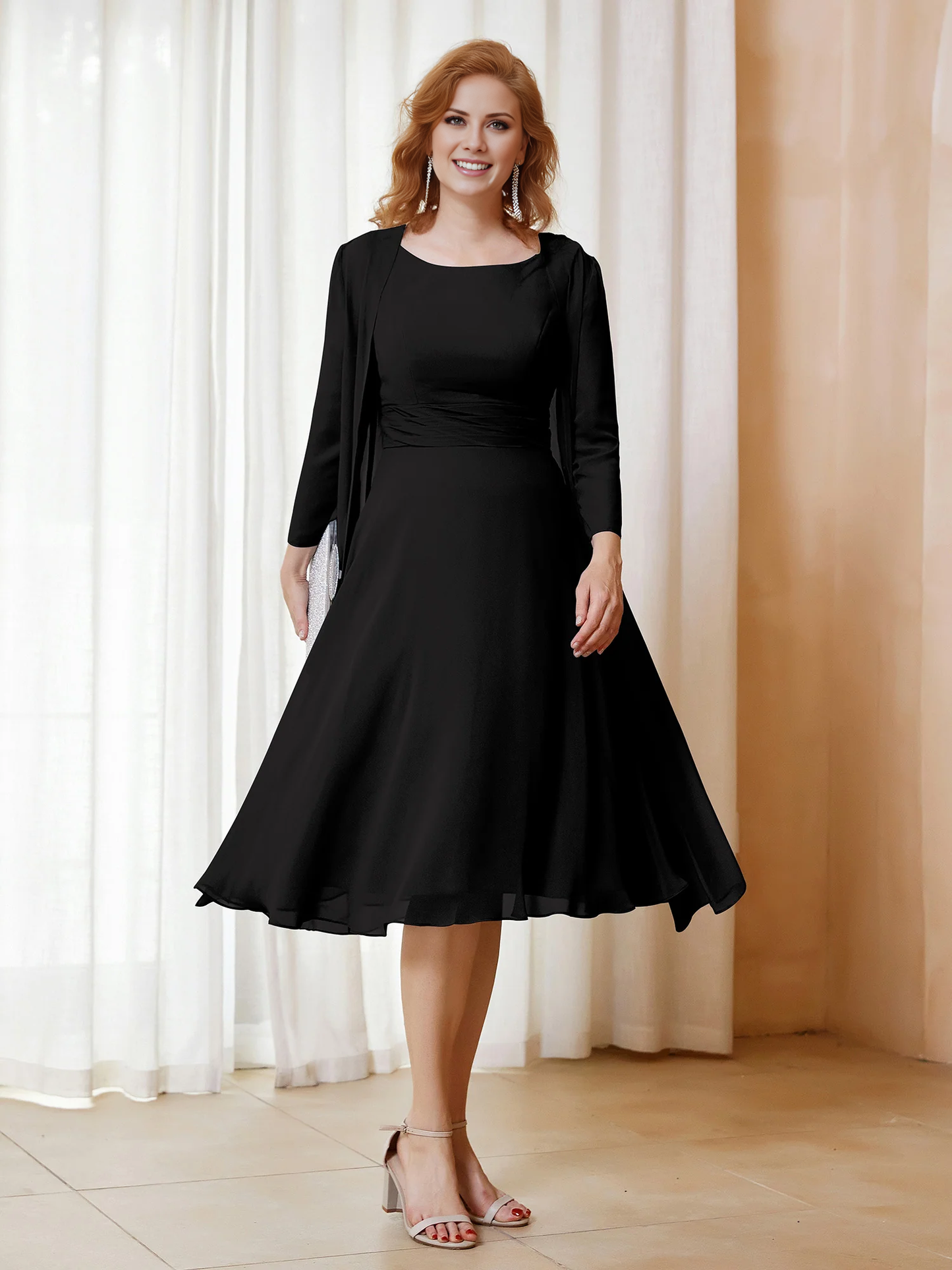 Folded chiffon dress paired with jacket mother of the bride dress