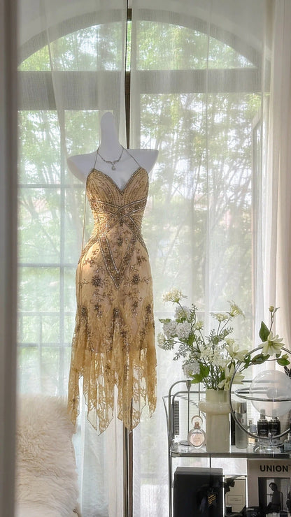 Vintage Sequin Appliques Spaghetti Strap A-line V-neck Irregular Hem Party Dresses Homecoming Dresses, HZ1024