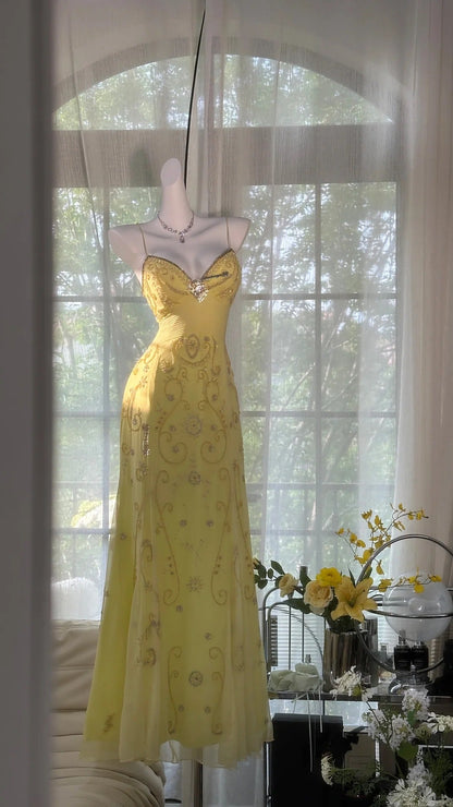 Yellow Gorgeous Exquisite Beaded Backless Spaghetti Strap Long Chiffon Ball Gown Evening Dress Birthday/Holiday Party Dress Prom Dress gh4063