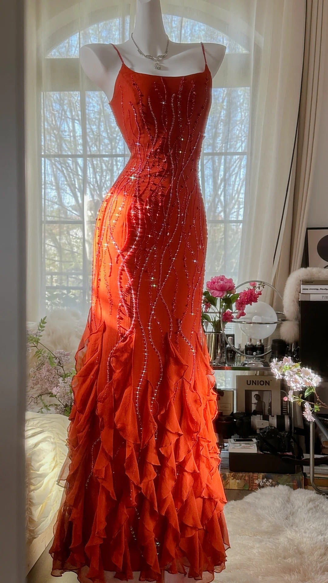 Orange Beautiful Charming Fashion Elegant Shiny Exquisite Beaded Long Chiffon Ball Gown Evening Gown Birthday Party Gown Prom Gown Graduation Gown gh3947