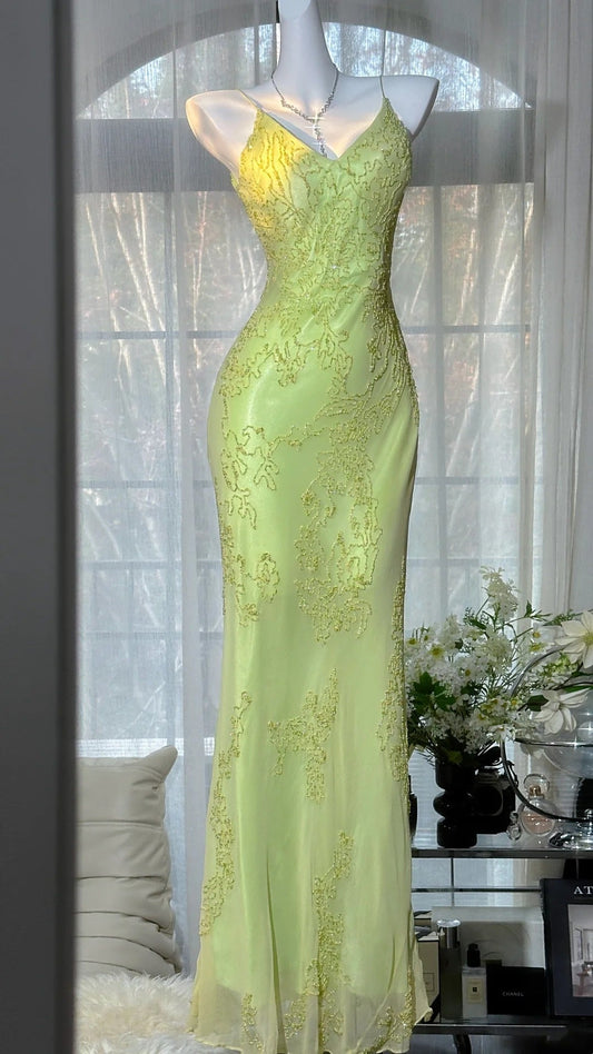 Green Romantic Fairy Exquisite Beaded Strap Long Chiffon Date Dress Party Dress gh6909