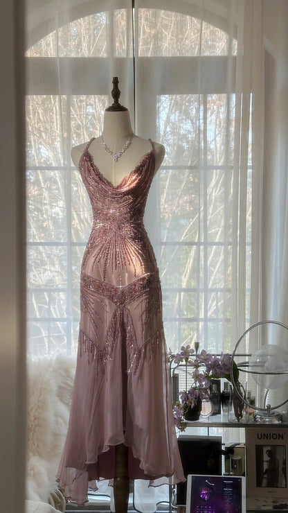 Pink  Romantic Fashion Elegant Exquisite Beaded Spaghetti Strap Long Tulle Chiffon Ruffle Ball Gown Evening Gown Party Dress gh4059