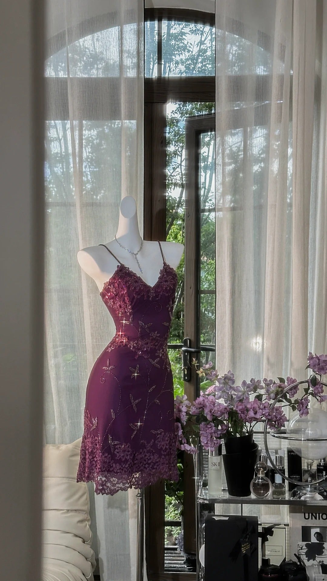 Purple Floral Gold Beaded Short Lace Chiffon Homecoming Dress Birthday Party Dress gh4621
