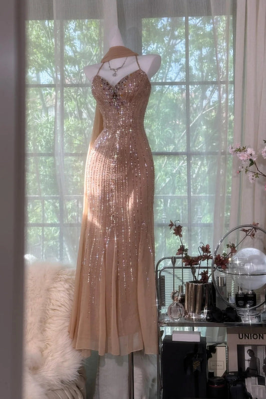 Luxury Sequin Style Cross-Strap Gown | Champagne Gold Tulle Mermaid Maxi Dress for Gala Red Carpet High-End Party Luxury Social Event gh6423
