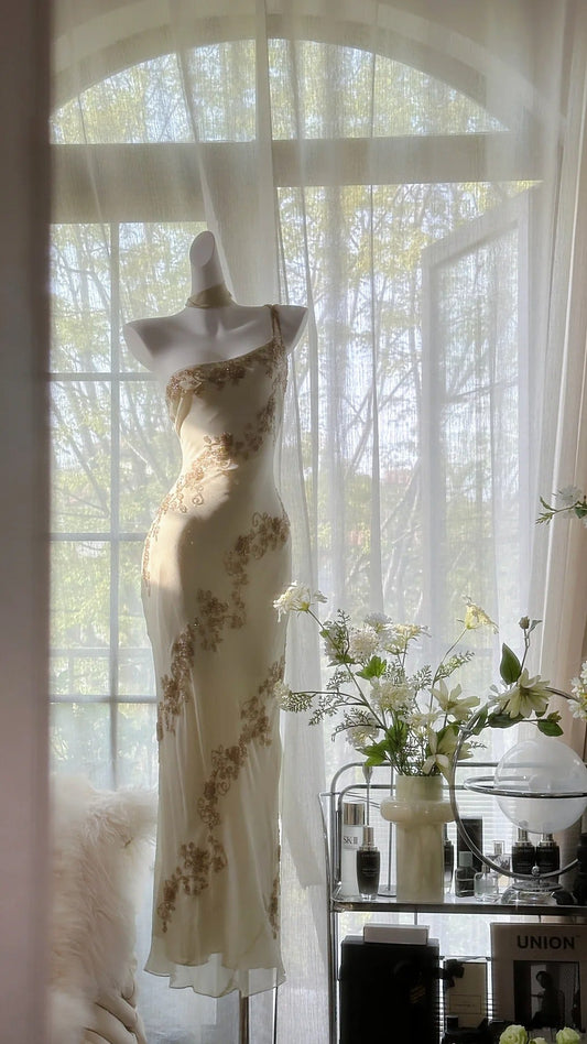 Ivory/Green Vintage Fashion One Shoulder Exquisite Beaded Long Chiffon Ball Gown Birthday Party Dress Cocktail Party Dress Evening Dress Prom Dress gh3971