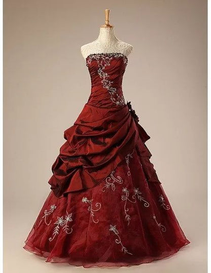 Vintage Burgundy Embroidery Beaded Sweet 16 Quinceanera A-Line Floor-length Prom Dress Birthday Dress Evening Dress Ball Gown HZ1024