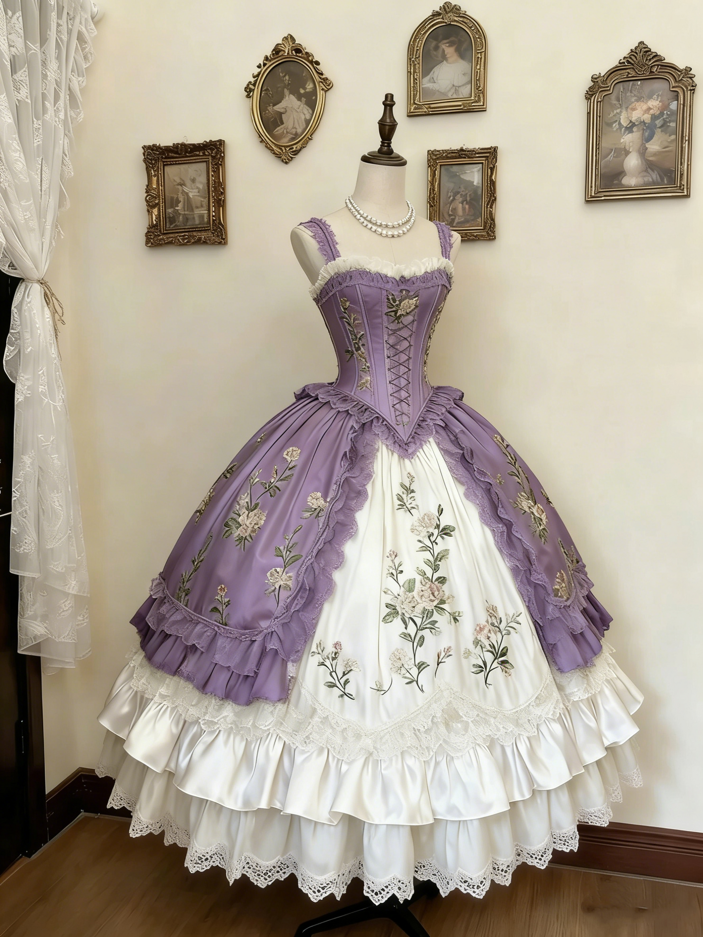 Green and White Rose Rococo Palace Dress gh6781