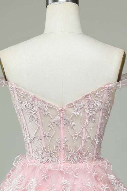 Vintage Pink Floral Embroidery Design A-line Off-the-shoulder Tiered Homecoming Dress HZ1024