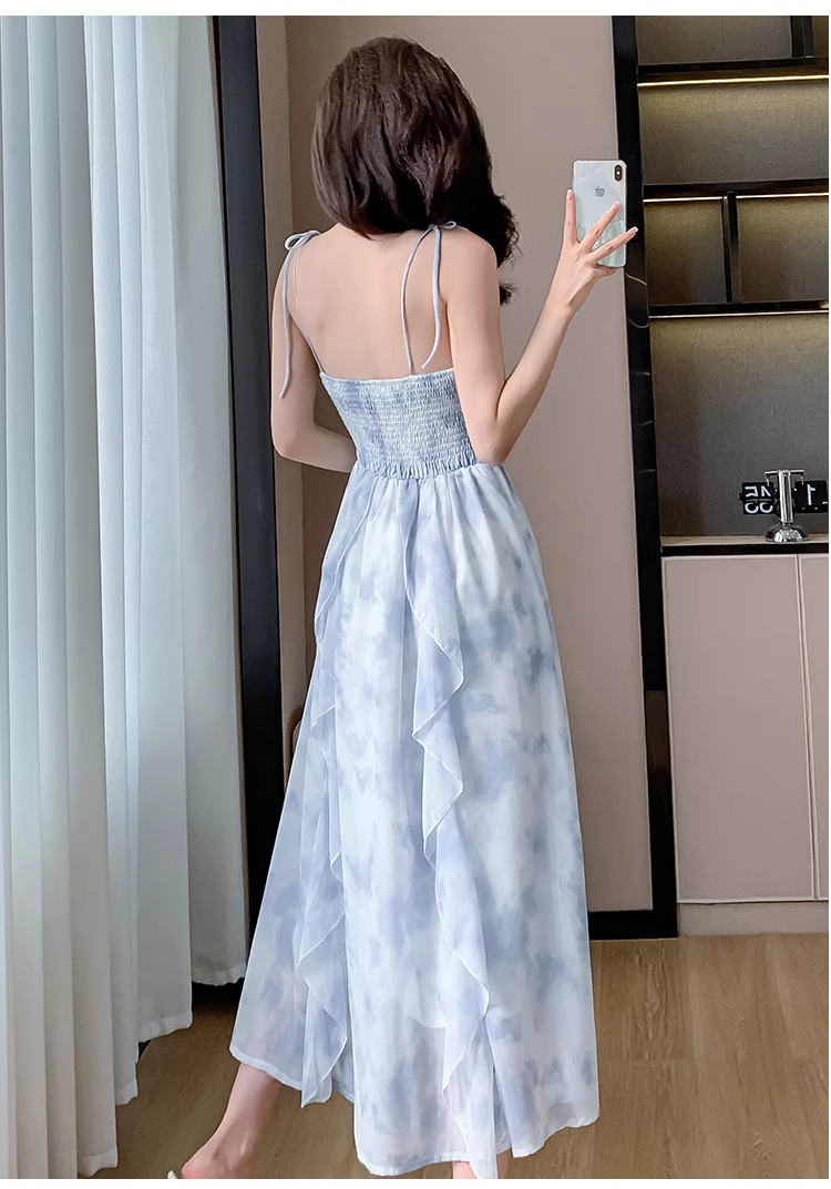 Vintage Blue Floral Design Beach Holiday A-line Long Spaghetti Strap Dress HZ1024