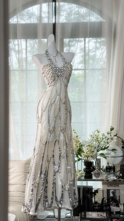 Vintage White Beaded Sparkling Long Chiffon Spaghetti Strap Romantic Ball Gown Evening Dress Prom Dresses HZ1024