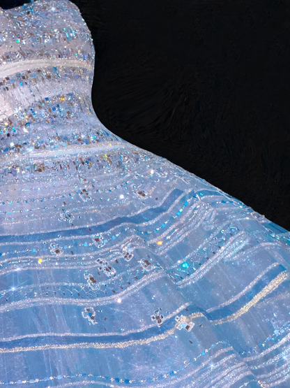 Vintage Sparkling Blue Sequin Sweetheart A-Line Design Tulle Evening Dress Prom Dresses HZ1024