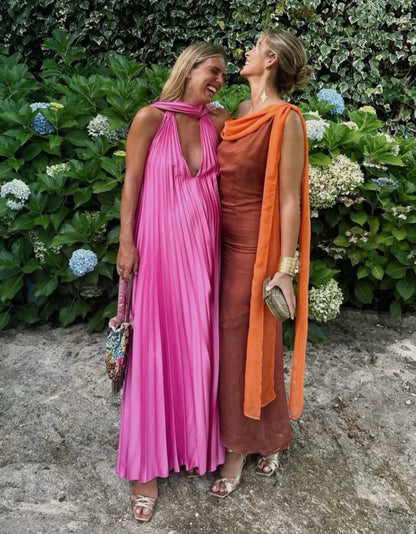 Pink/green fashion V-neck elegant long satin evening dress party dress wedding guest dress maternity dress gh3056