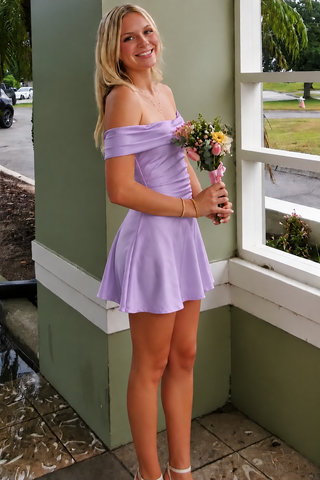 Pink Satin Off-Shoulder A-Line Pleats Short Party Homecoming Dress