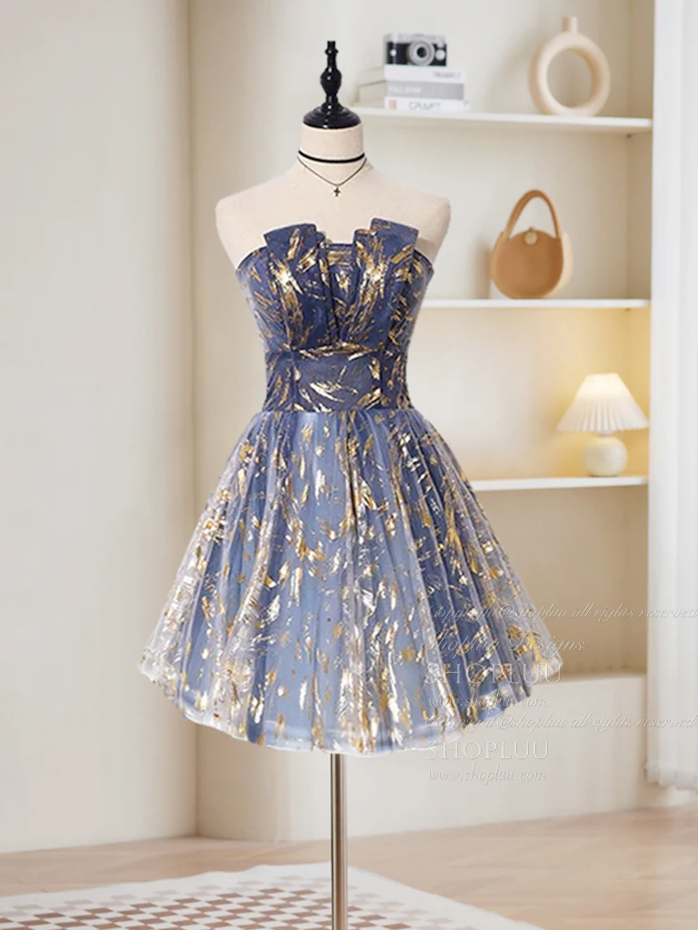 Retro Blue Sequin Strapless Design A-line Tulle Party Dress Homecoming Dress HZ1024