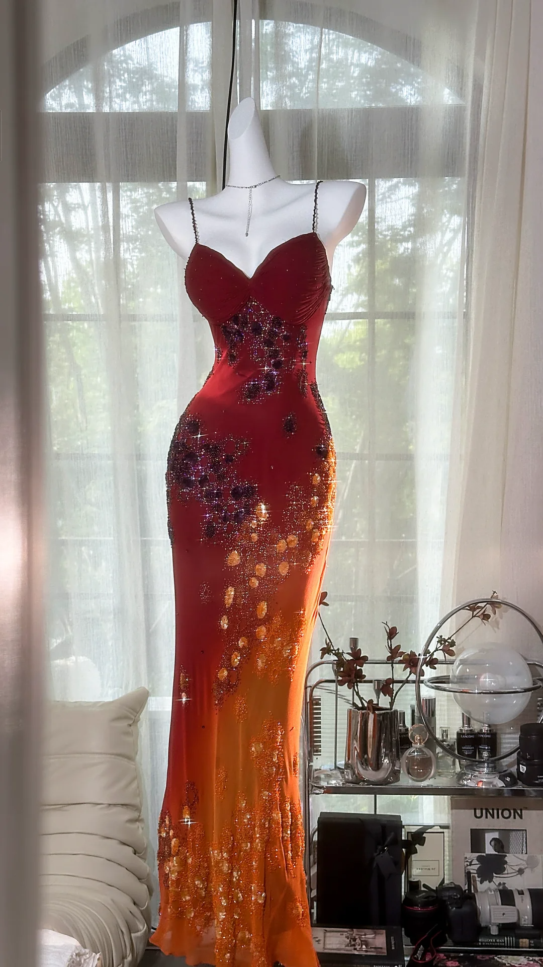 Vintage Beaded Sparkling Long Chiffon Spaghetti Strap Luxury Ball Gown Evening Dress Prom Dresses HZ1024
