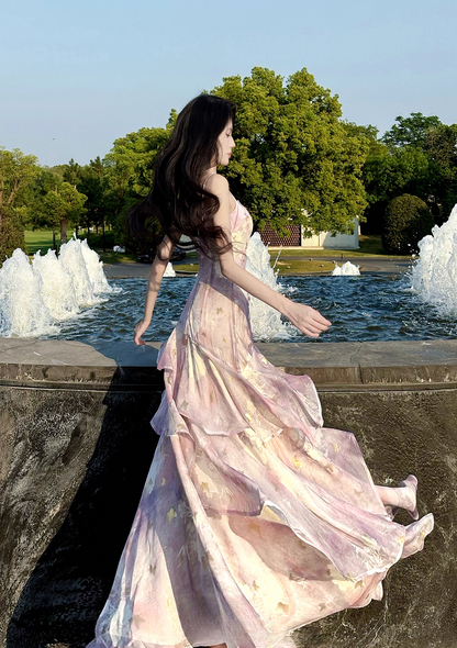 Vintage Lilac Floral Mermaid Spaghetti Strap Evening Dress Long Prom Dress HZ1024
