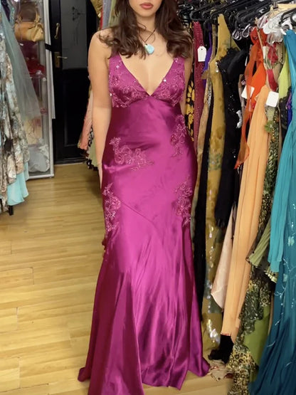 Vintage Hot Pink Satin Embroidery Prom Dress Sheath Backless Evening Dress Long Formal Dress HZ1024