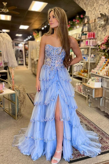 Sequin Strapless Red A-Line Ruffle Prom Dress with Slit