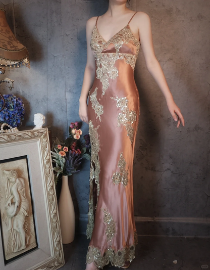 Vintage Champagne Sparkling Beaded Spaghetti Strap Design Elegant Satin Evening Dress Prom Dress HZ1024