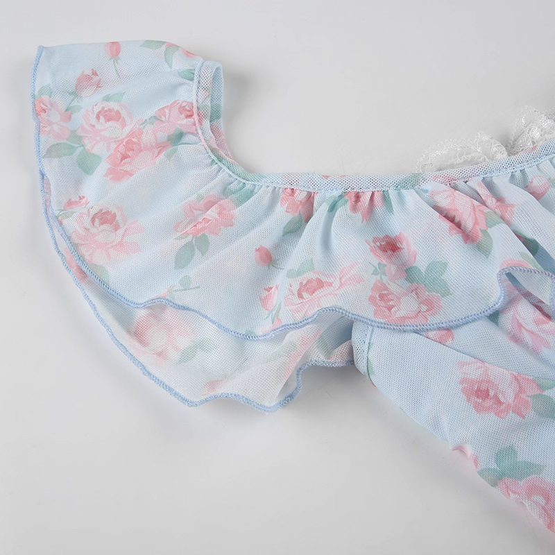 Cute Light Blue Floral Square-neck A-Line Short Summer Dresses Party Dress Homecoming Dress HZ1024