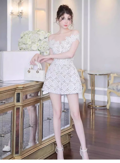 Cute White Appliqued Off-the-shoulder Design A-line Party Dress Homecoming Dress HZ1024