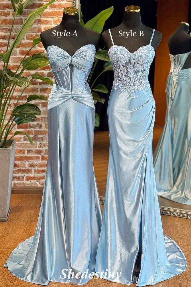 Mermaid Light Sweetheart Pleated Satin Prom Dress with Applique