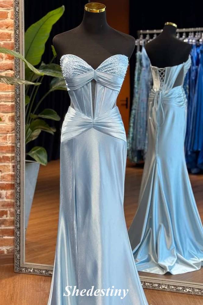 Mermaid Light Sweetheart Pleated Satin Prom Dress with Applique
