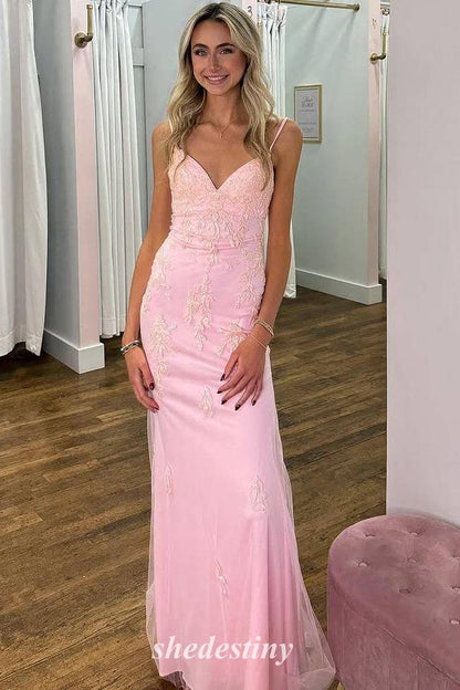 Elegant Pink V-Neck Mermaid Tulle Prom Dress with Applique