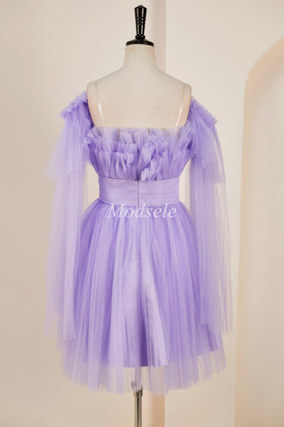 Lavender Strapless Ruffle A-Line Short Dress with Detachable Sleeves