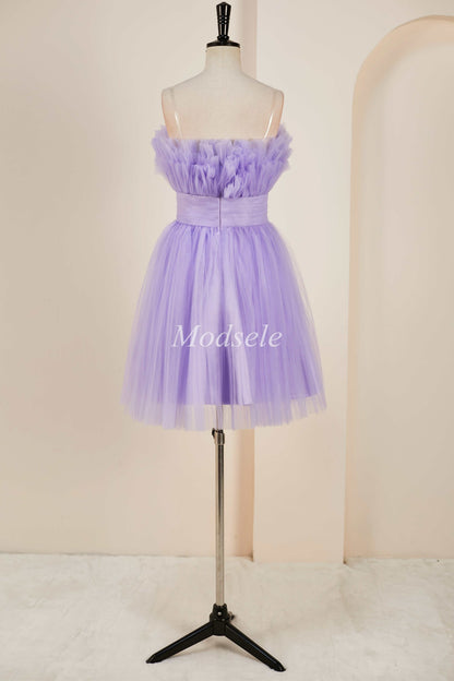 Lavender Strapless Ruffle A-Line Short Dress with Detachable Sleeves