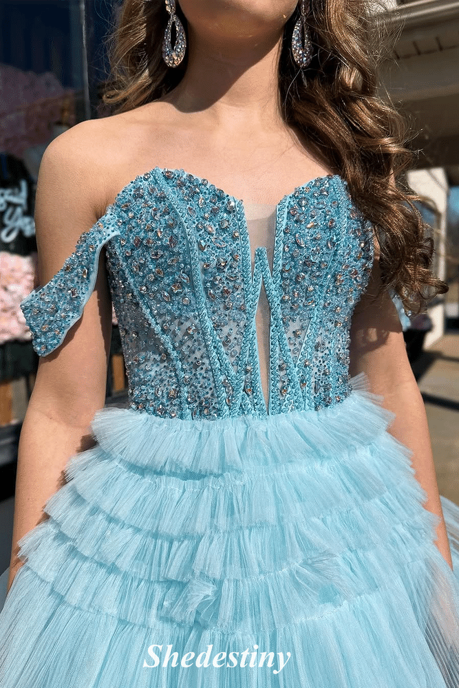 Off Shoulder Light Blue Tiered Ruffles Prom Dress with Rhinestone