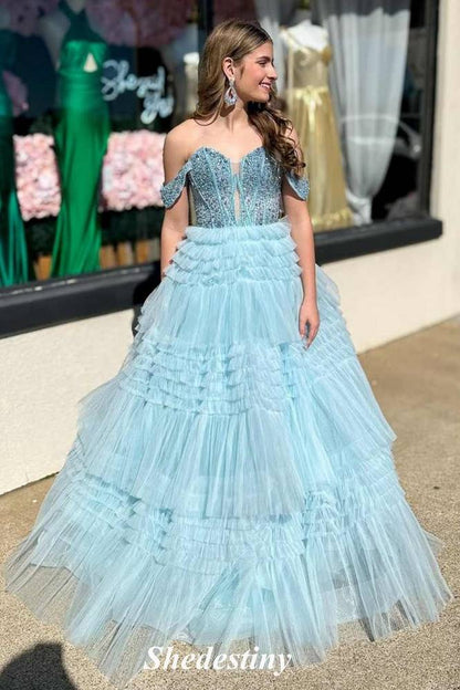 Off Shoulder Light Blue Tiered Ruffles Prom Dress with Rhinestone
