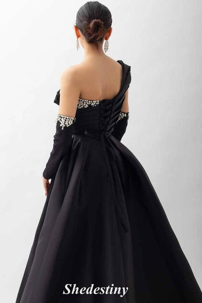 One Shoulder Black Rhinestone A-Line Prom Dress with Sleeves