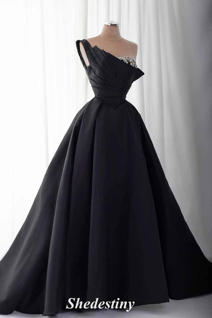 One Shoulder Black Rhinestone A-Line Prom Dress with Sleeves