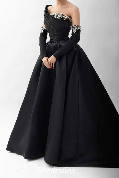 One Shoulder Black Rhinestone A-Line Prom Dress with Sleeves
